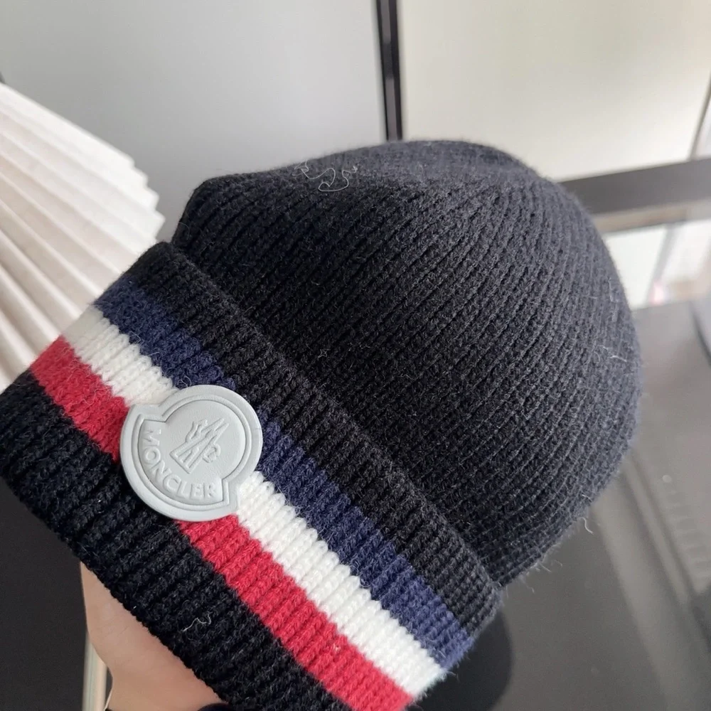 Moncler Kids Black Knit Beanie with Tricolor Stripe and Logo Badge